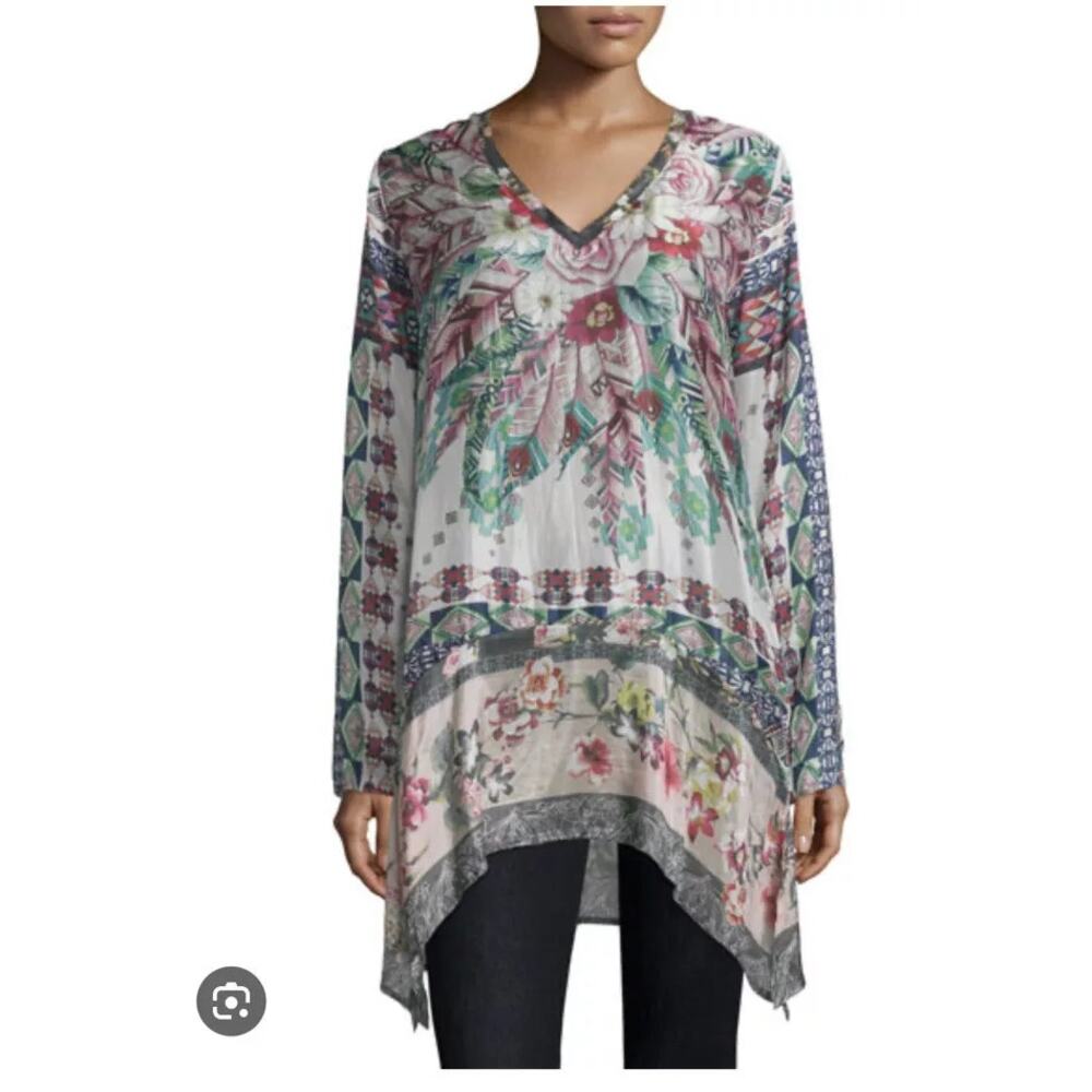 Johnny Was Tribeca Silk V-neck Floral Printed Tunic Blouse Feather Southwest, XS